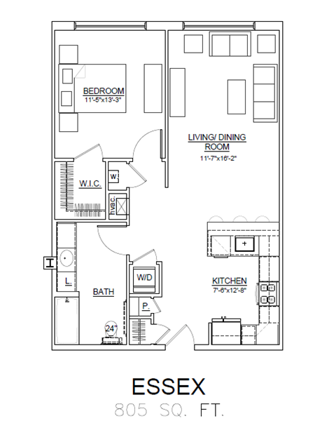 Floor plan for 1 bed, 1 bath, 805 sqft